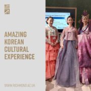 Promotional image featuring three people in traditional Korean attire, advertising an 'Amazing Korean Cultural Experience' at a venue; a web address provided below.